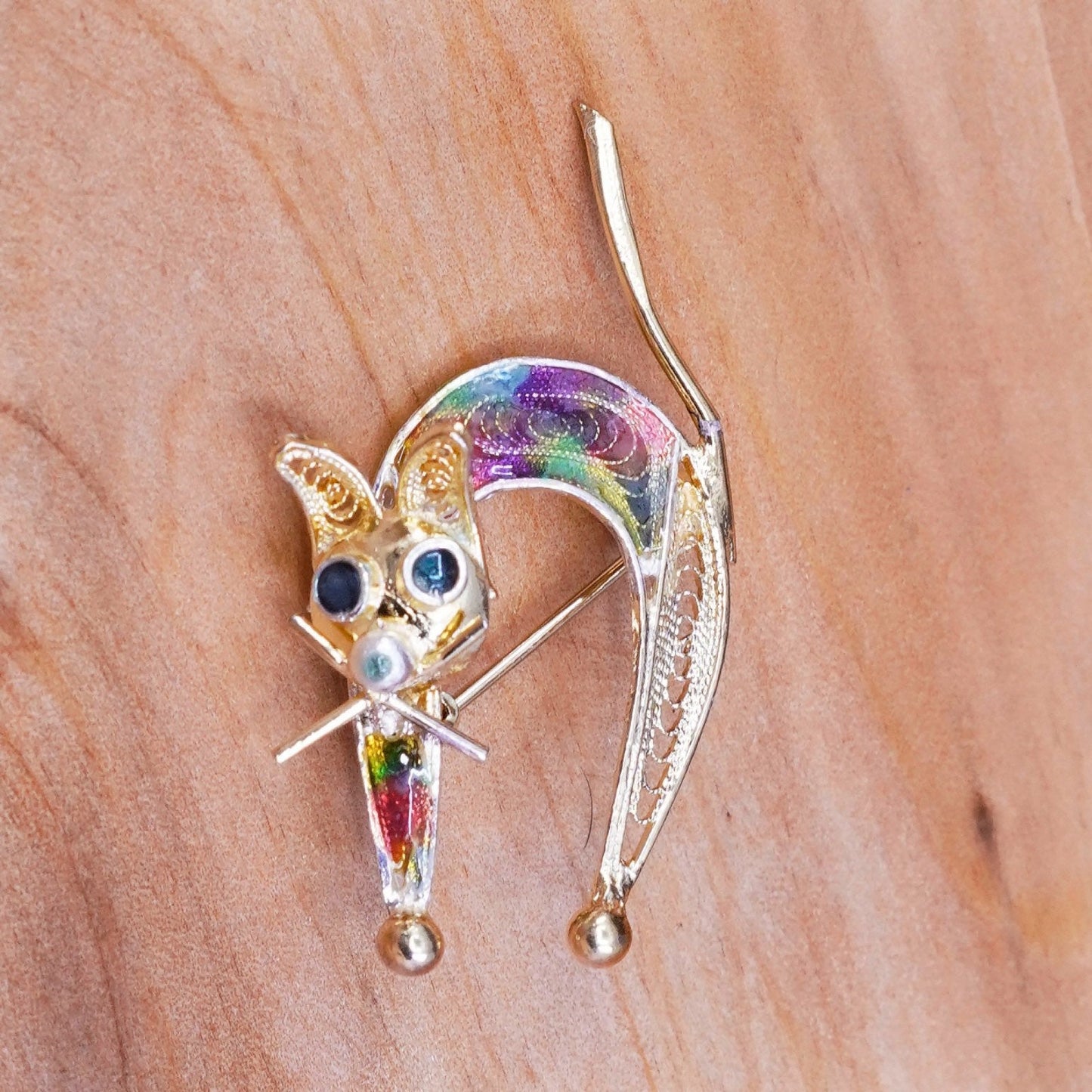 Vintage vermeil gold over handmade sterling 800 silver cat brooch pin enamel