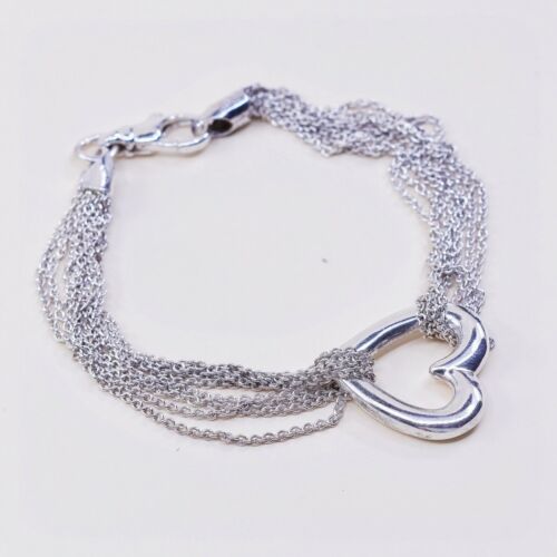 7”, Vtg Sterling Silver Bracelet Multi Strands 925 Circle Chain W/ Heart Charm
