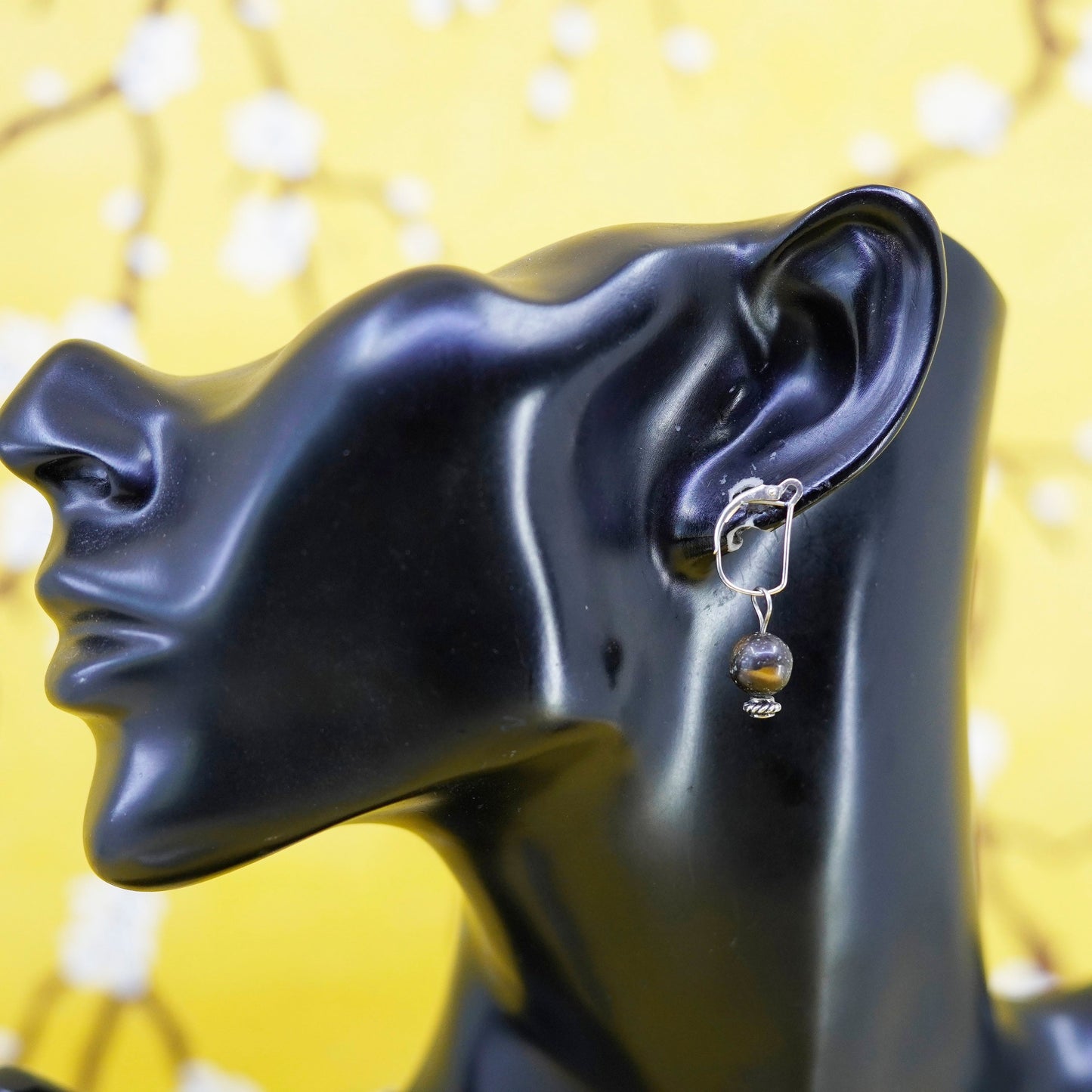 Vintage Sterling 925 silver handmade earrings with golden cat’s eye beads