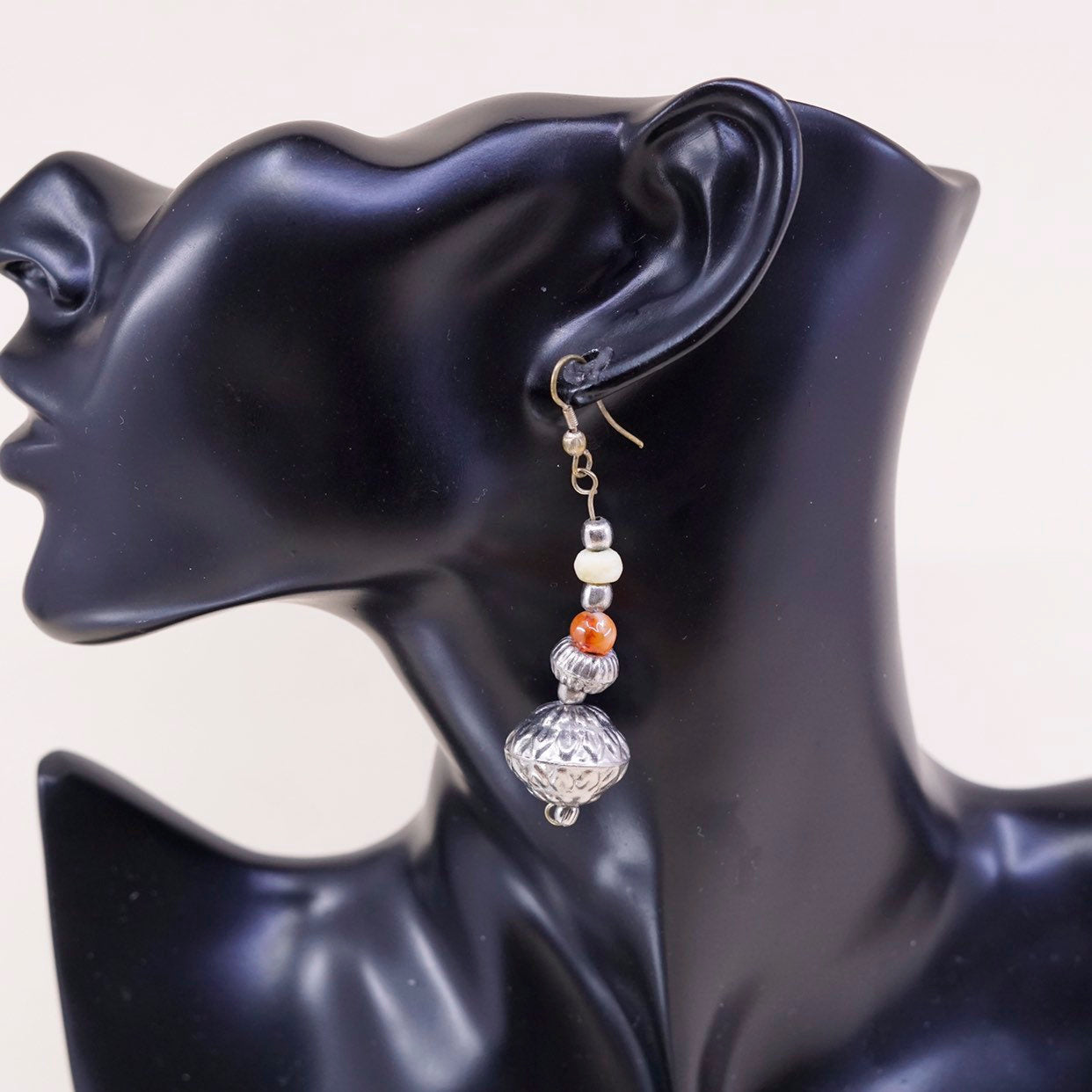 VTG handmade silver tone earrings, circle beads drops