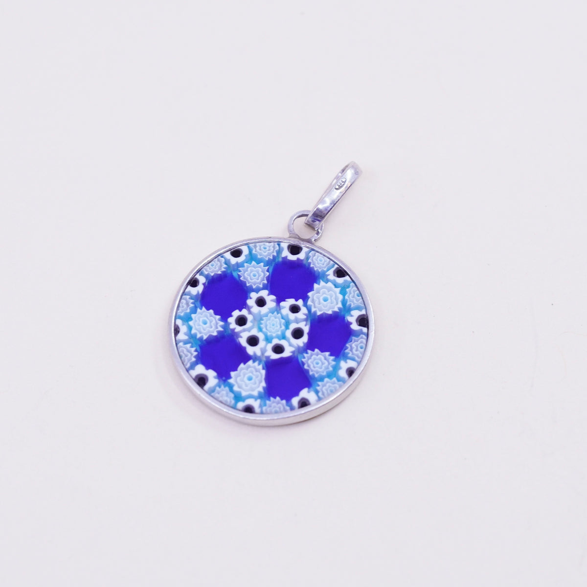 Italy sterling 925 silver handmade artisan blue murano floral glass pendant