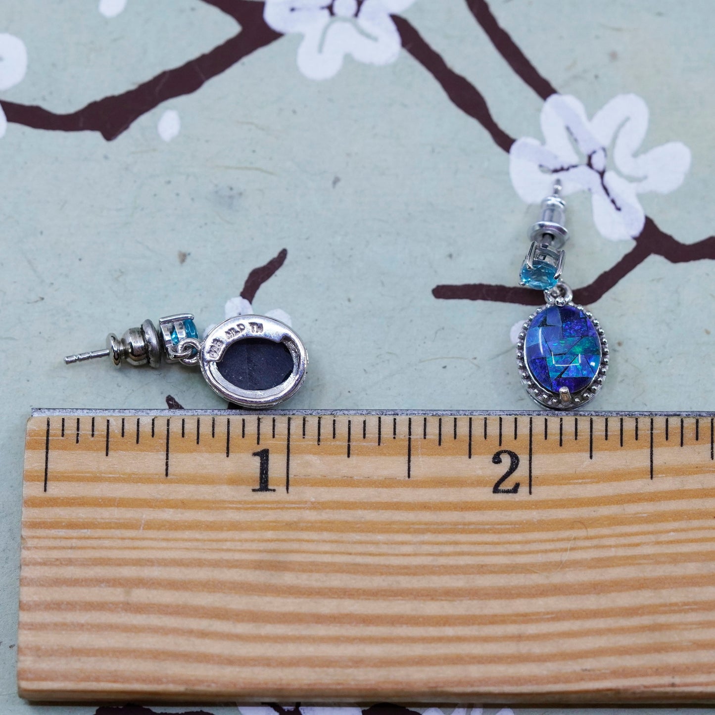 Vintage Sterling silver handmade earrings, oval dangles with opal and topaz