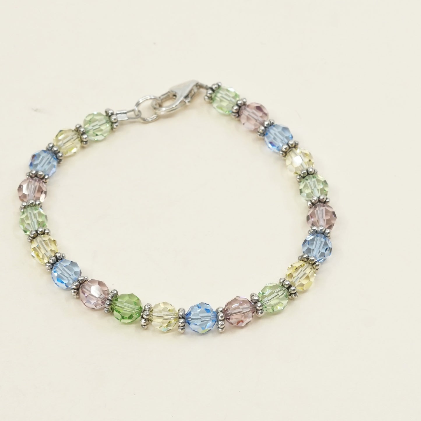 6.5", VTG Sterling silver handmade bracelet, 925 beads W colorful crystal beads