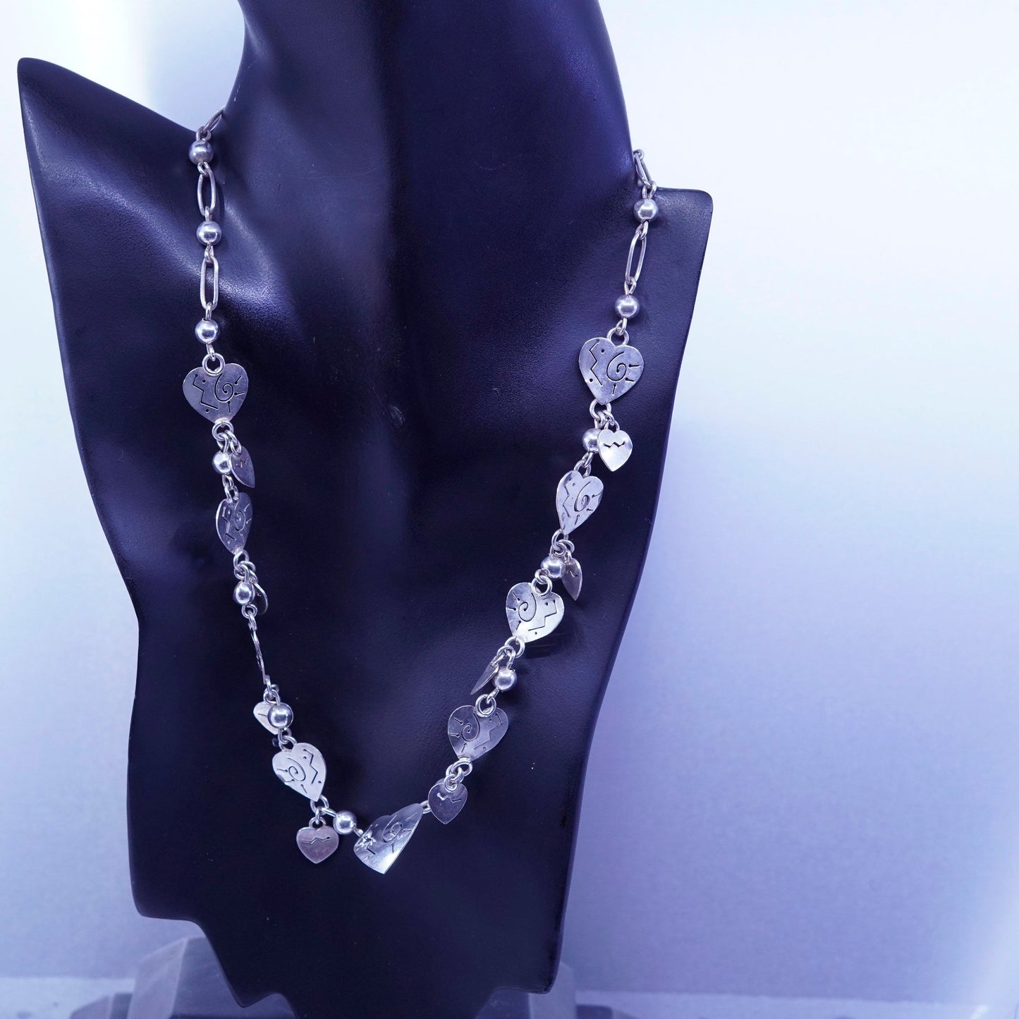 18”, far fetched Sterling 925 silver elongated chain necklace heart charms
