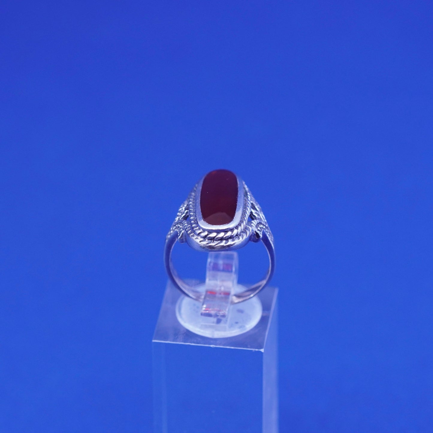 Size 7.5, vtg Sterling Silver 925 Red Carnelian handmade Ring w/ beads N cable