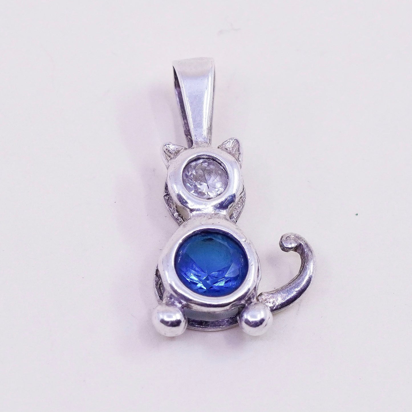 Sterling 925 silver cat kittie puppy birthstone pendant charm with blue Cz