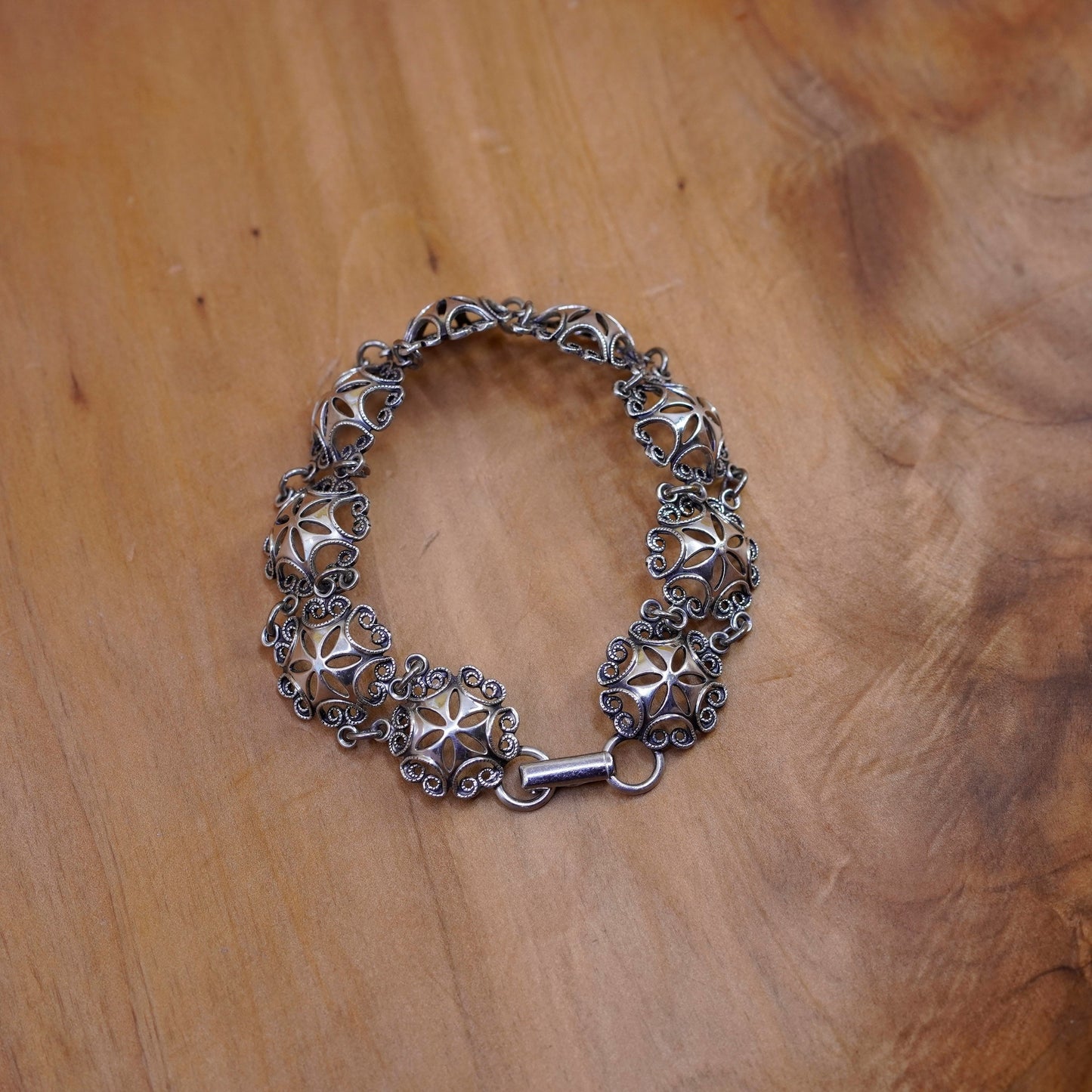 6.75”, vtg Beau Sterling silver handmade bracelet, 925 filigree floral chain