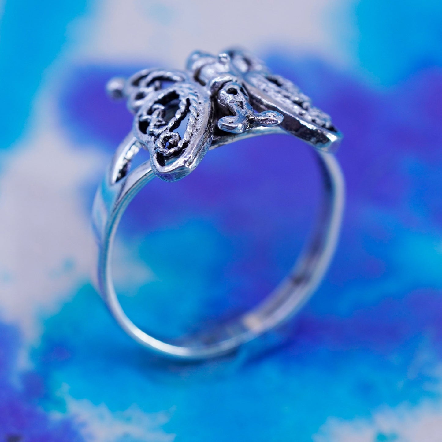 Size 7.5, sterling silver handmade ring, 925 filigree butterfly movable wings