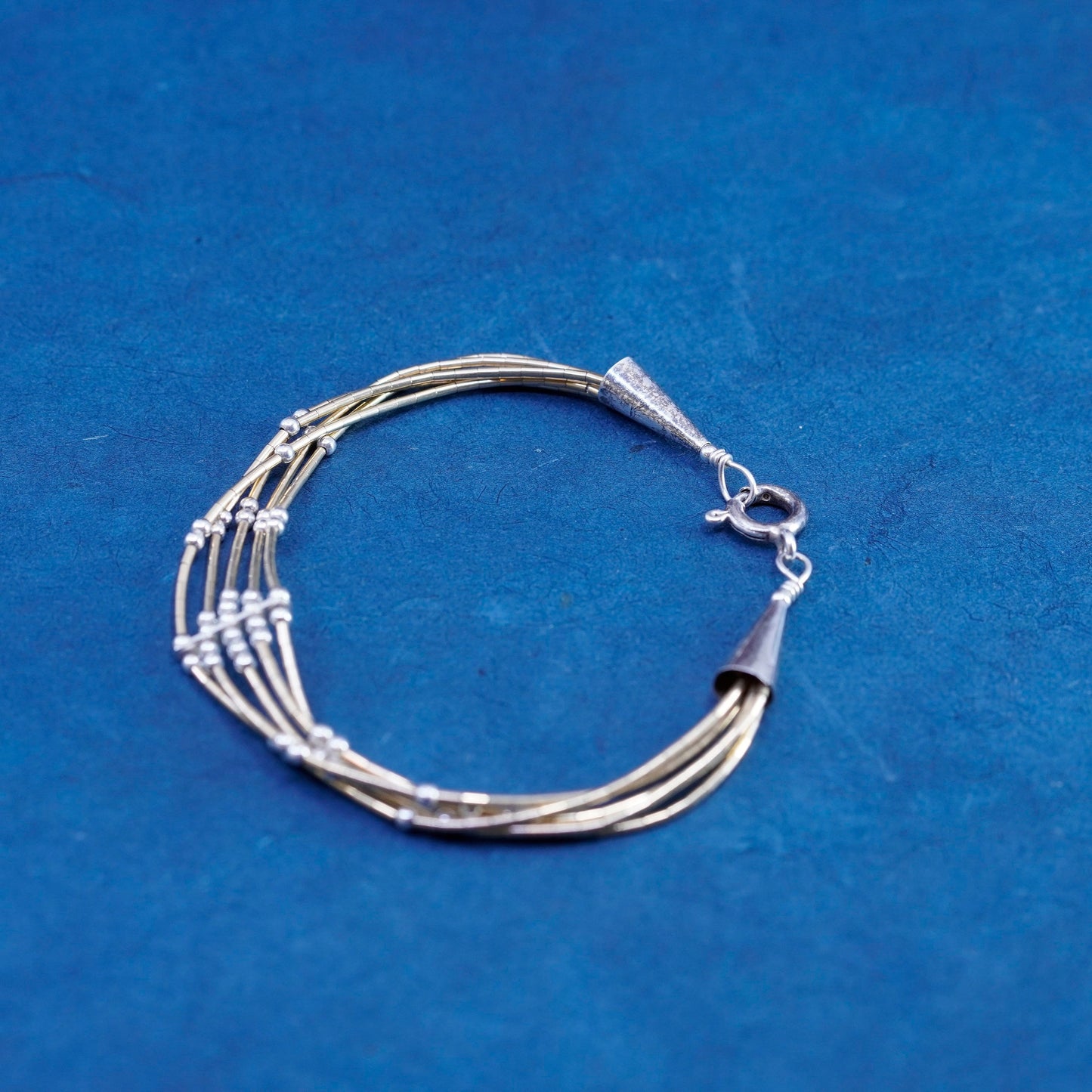 6.75”, vintage sterling handmade bracelet 14K gold tube 925 liquid silver beads