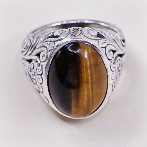 Sz 5, Vtg Handmade Sterling Silver Ring W/ Golden Tiger Eye N Filigree Details