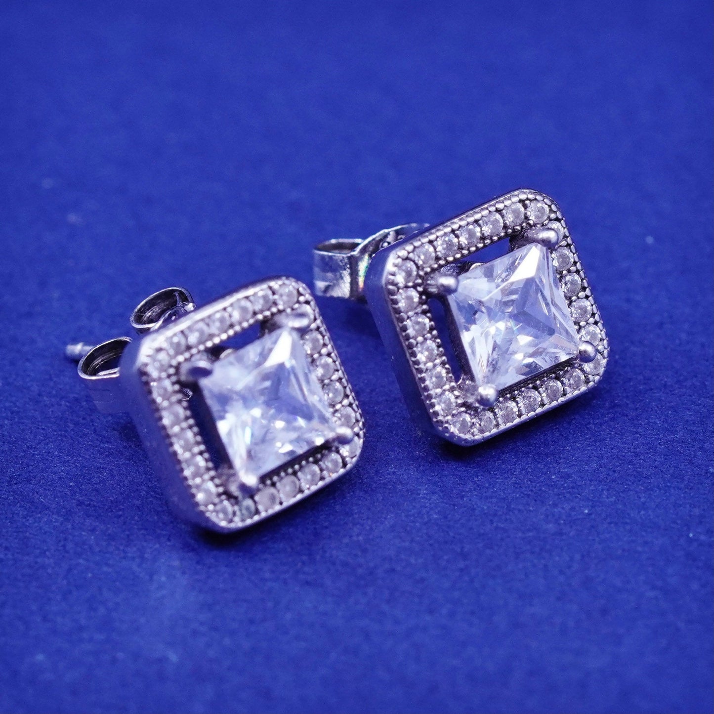 Vintage sterling silver handmade earrings, 925 studs with cluster CZ inlay