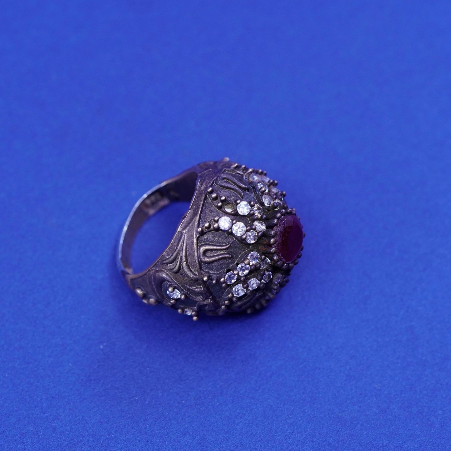 Size 6.25, vintage Sterling 925 silver handmade crown Statement ring ruby Cz