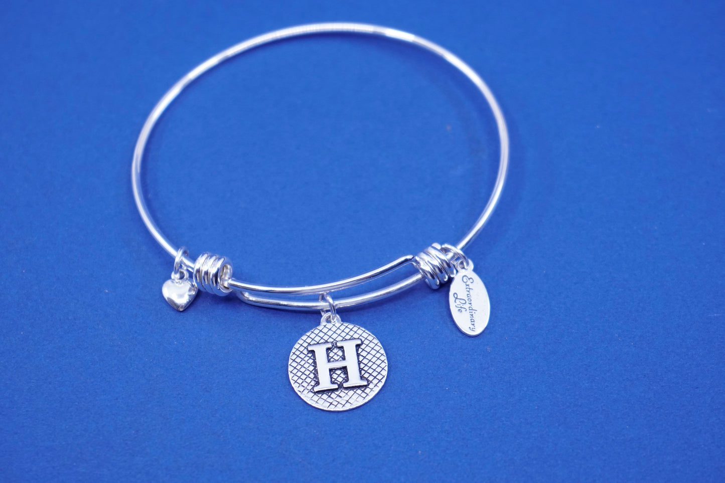 8”, vintage sterling silver handmade bracelet, 925 bangle w/ initial “H” charm