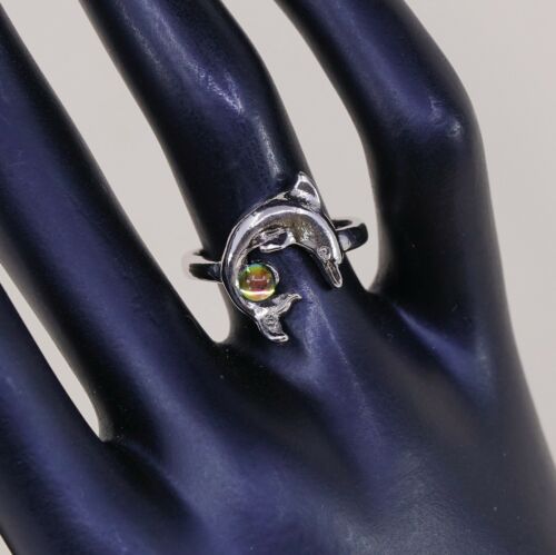 Sz 7, Vtg Silver Tone Dolphin Ring With Colorful Glass Bead