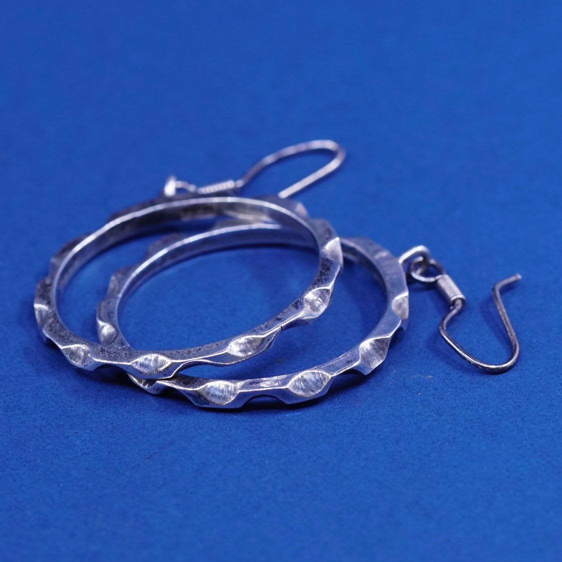 1.25”, vtg Sterling silver handmade earrings, mexico 925 gear hoops