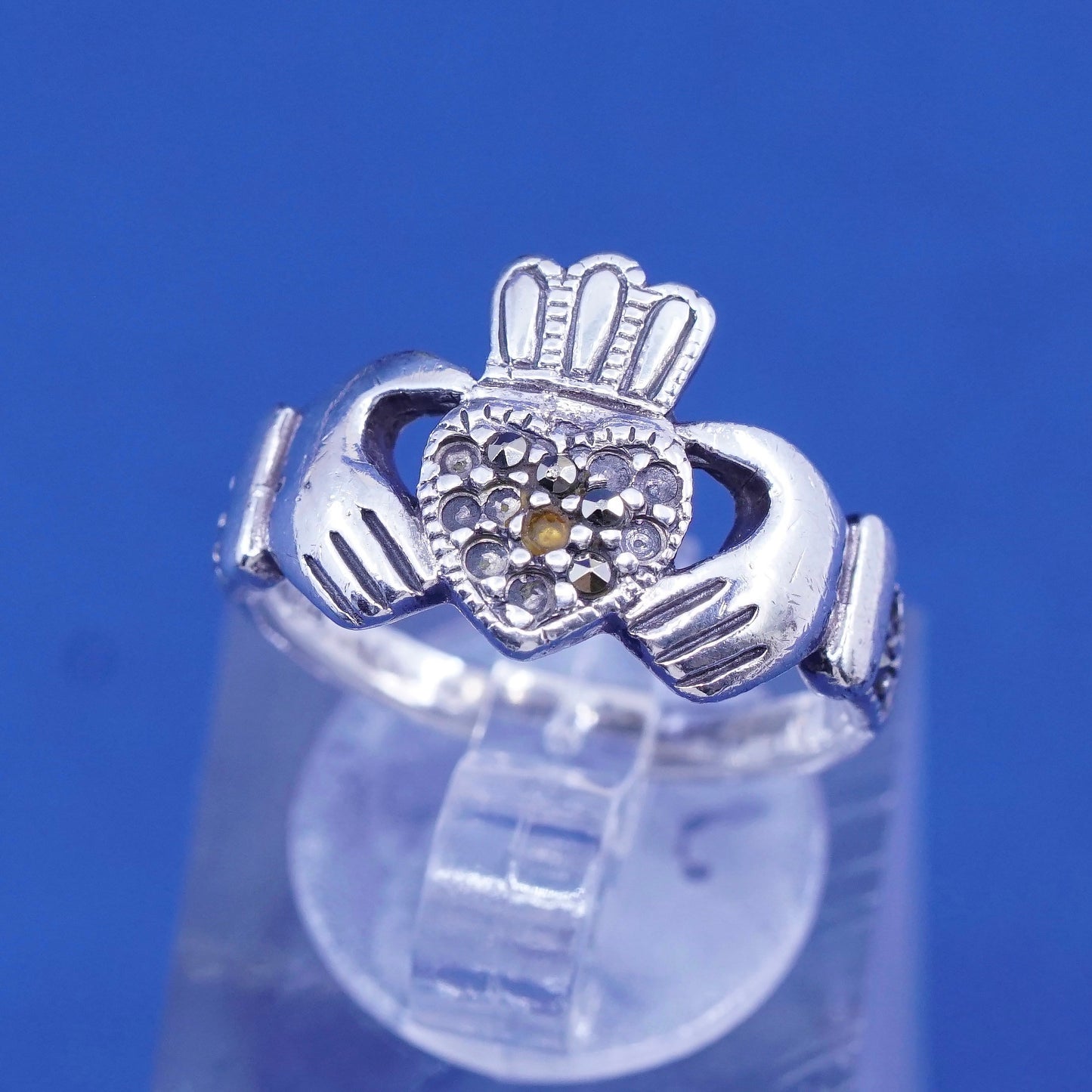 sz 5.5, irish sterling silver claddagh ring holding heart 925 band w/ Marcasite
