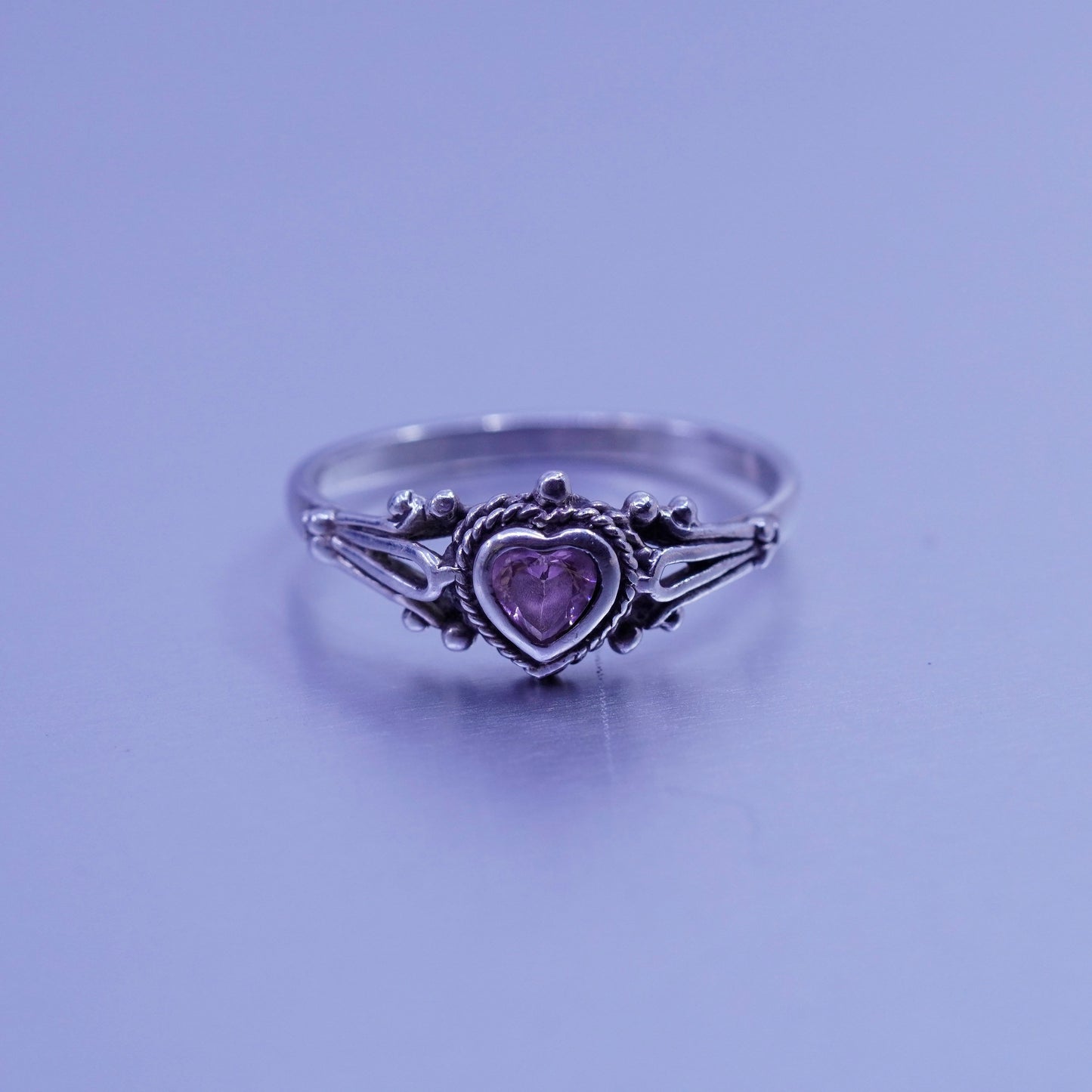 Size 7.75, vintage Sterling 925 silver handmade ring with heart pink Cz beads