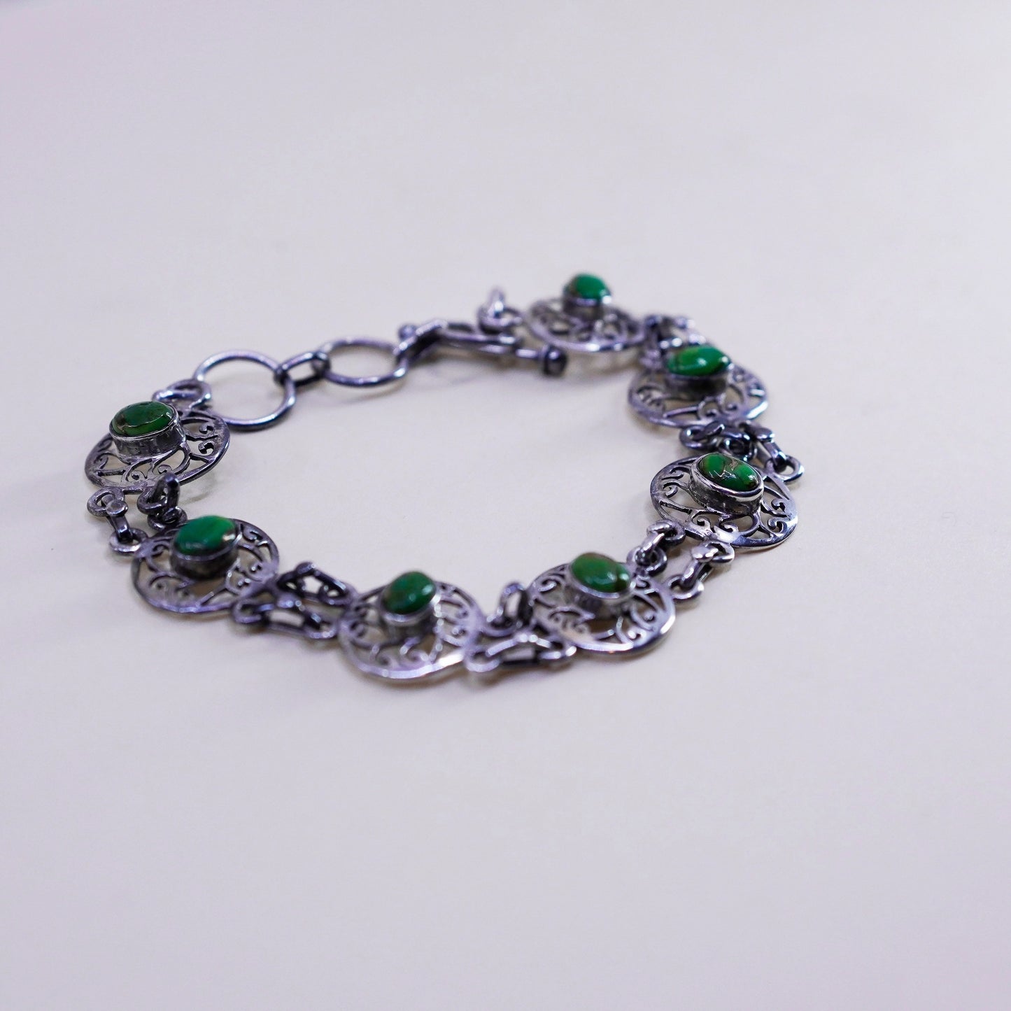 7+1.5”, Sterling silver handmade bracelet, 925 disc Carico Lake turquoise