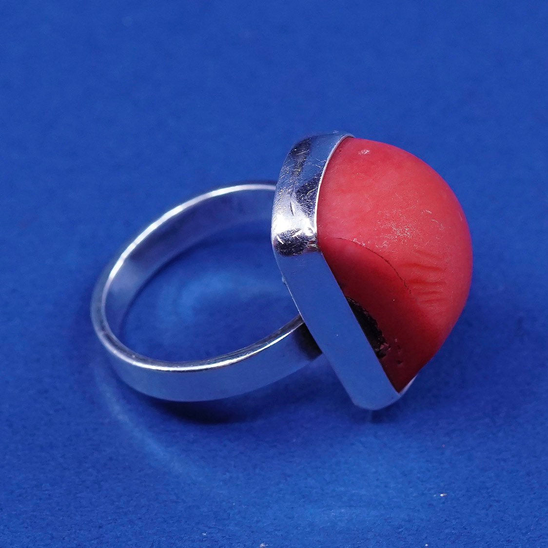 sz 7, vtg Sterling silver handmade ring, 925 w/ coral