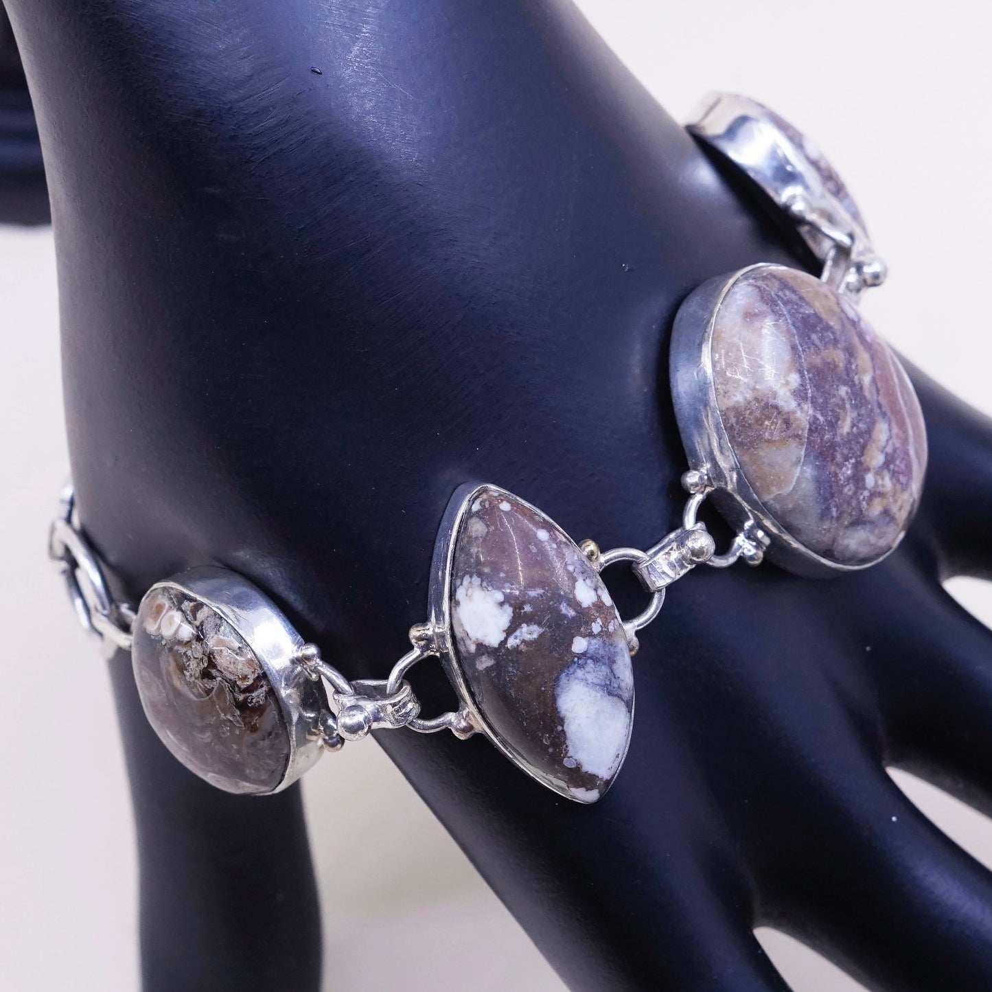 6.5+1”, vtg sterling 925 silver handmade bracelet w/ jasper and toggle closure