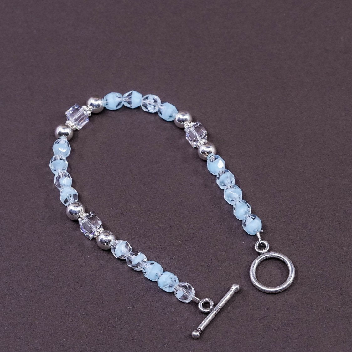 7”, vtg Sterling silver handmade bracelet, 925 beads w/ crystal beads N toggle
