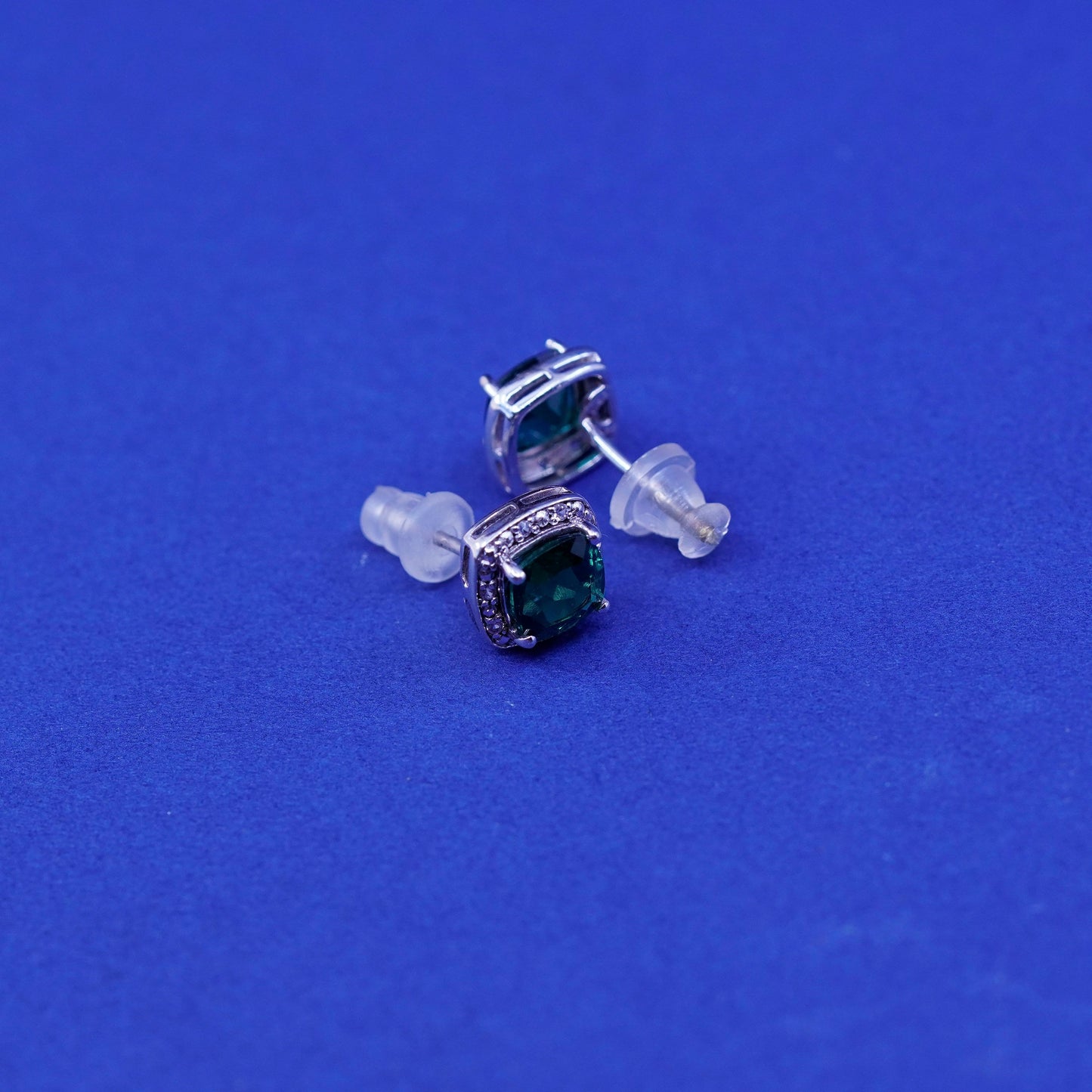 Vintage PM sterling silver handmade earrings, 925 studs with emerald and cz