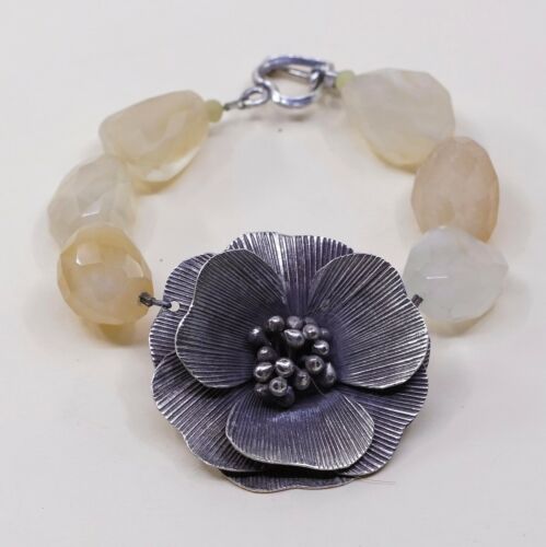 6”, Vtg Antique Sterling 925 Silver Handmade Flower W/ Citrine Nuggets Chain