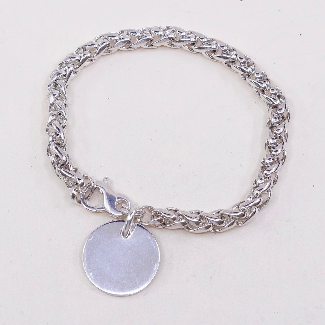 7", VTG sterling silver handmade bracelet, 925 wheat link chain w/ blank charm