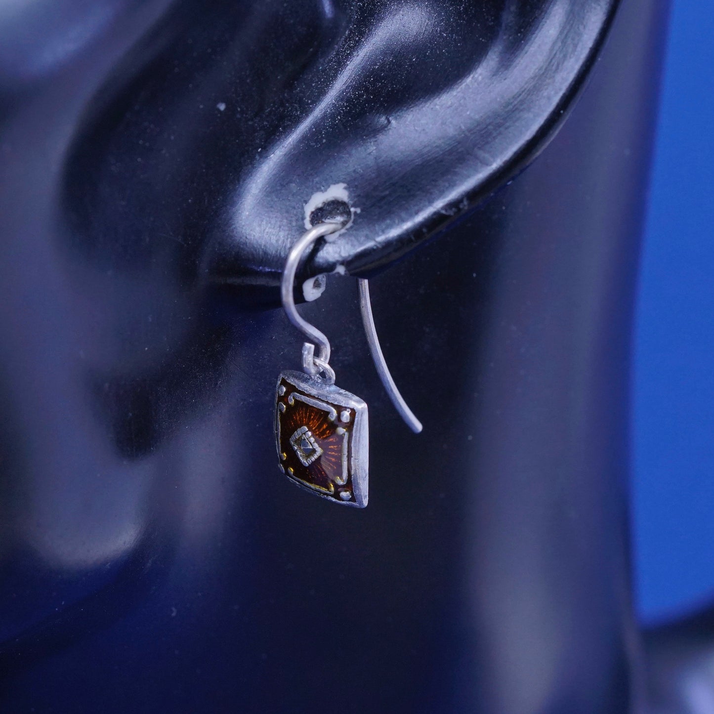 vtg JMA sterling silver handmade earrings, 925 square w/ enamel N marcasite