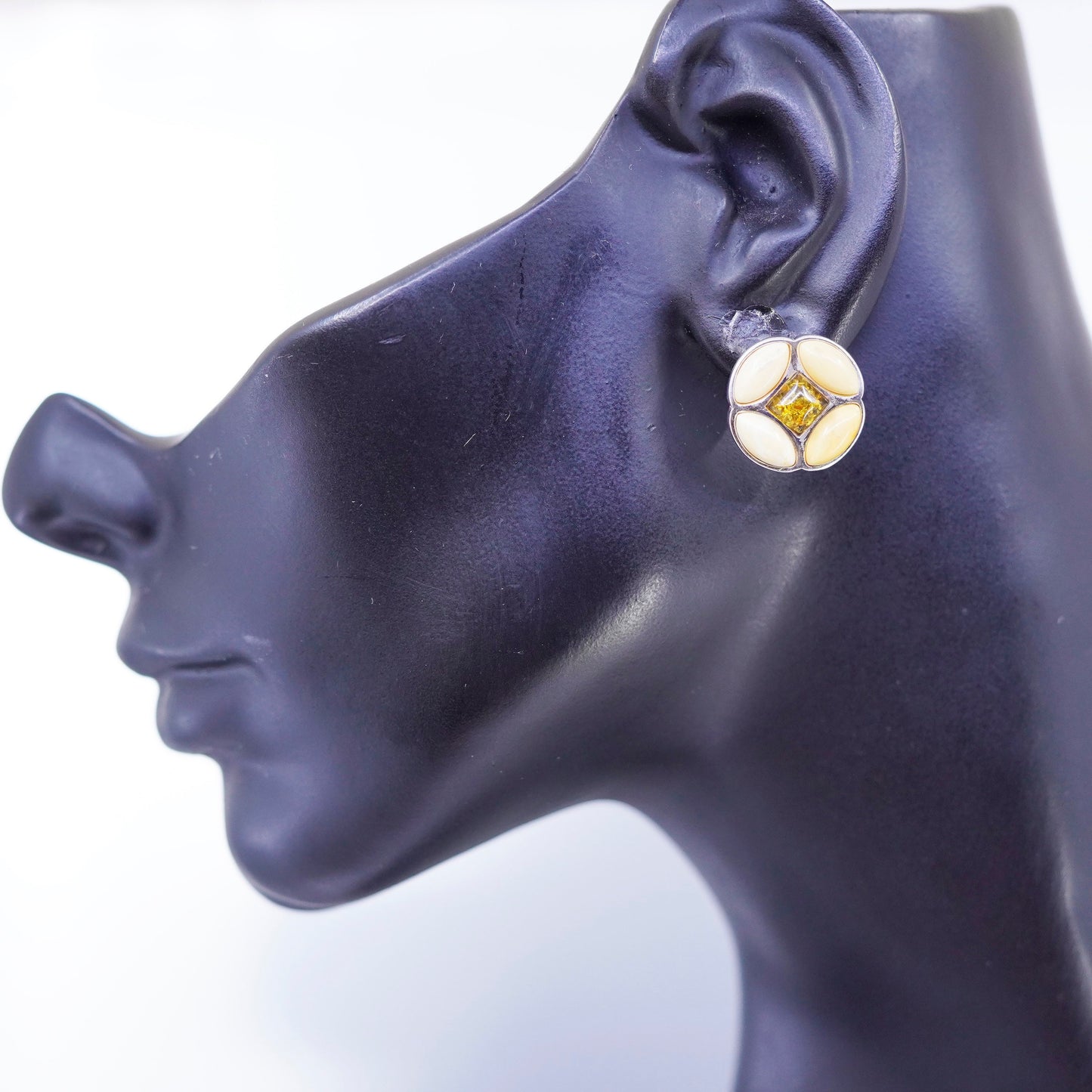 Vintage Sterling 925 silver handmade earrings, studs with Amber inlay