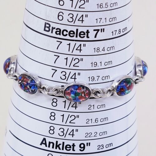 8”, Vtg Sterling Silver Handmade Bracelet, 925 Link W/ Colorful Foiled Glass