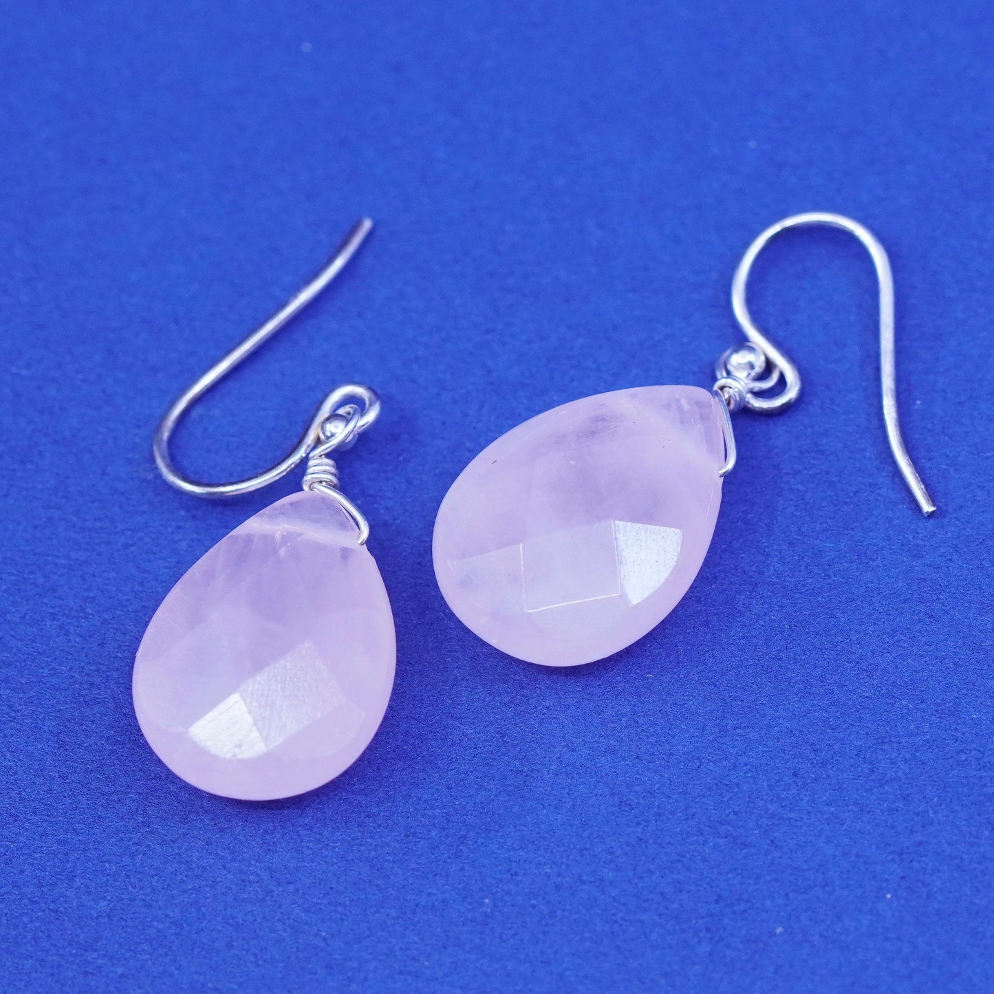 Vintage Sterling 925 silver handmade earrings with teardrop pink quartz Dangles