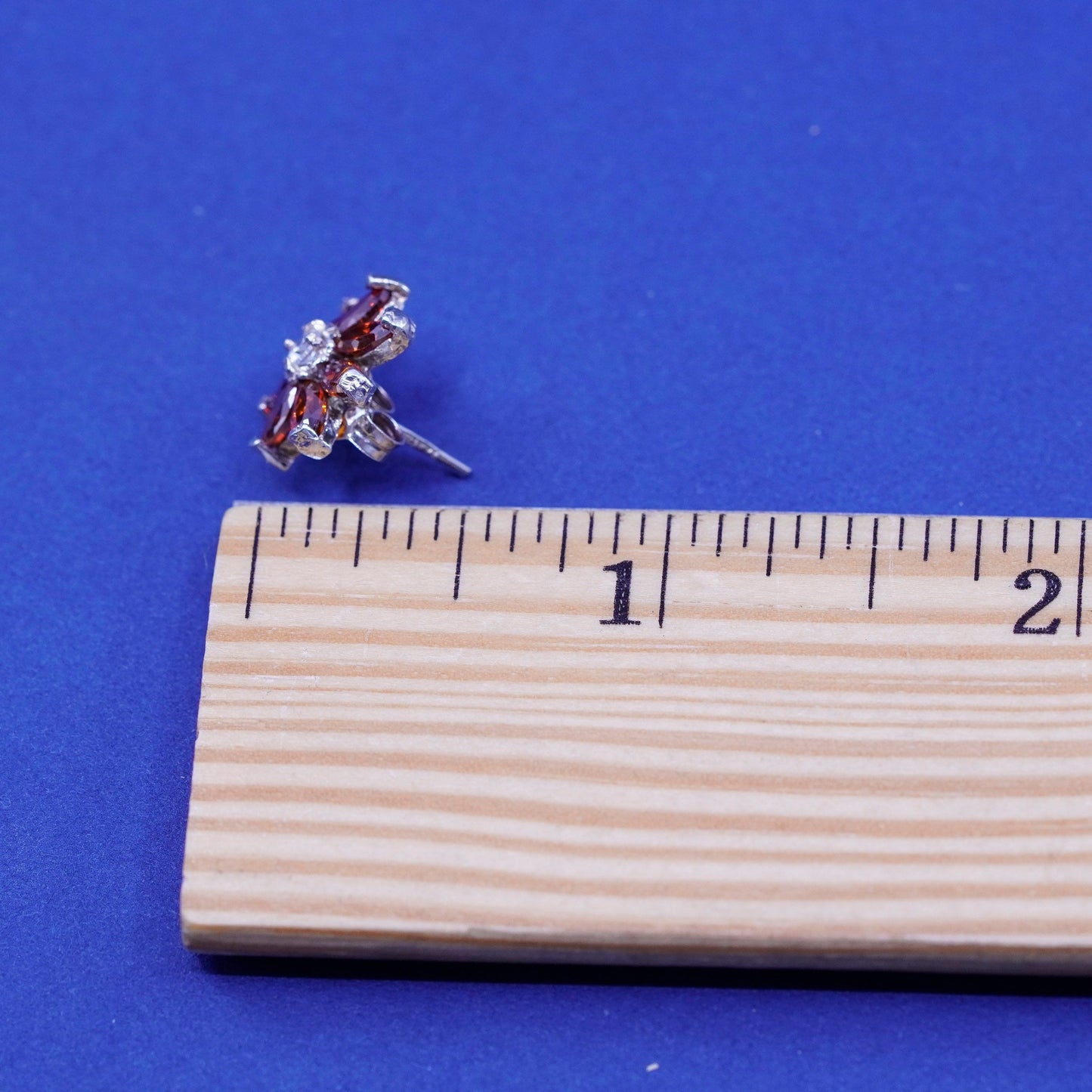 Vintage Sterling silver handmade earrings, 925 flower studs with ruby