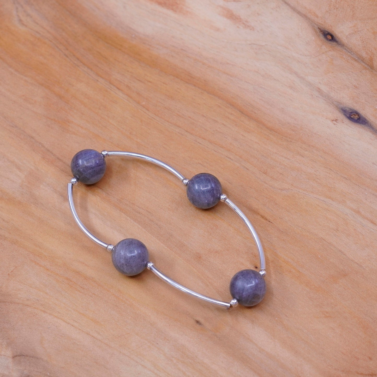 6.5”, Sterling 925 silver handmade DNA bracelet, elastic band labradorite beads