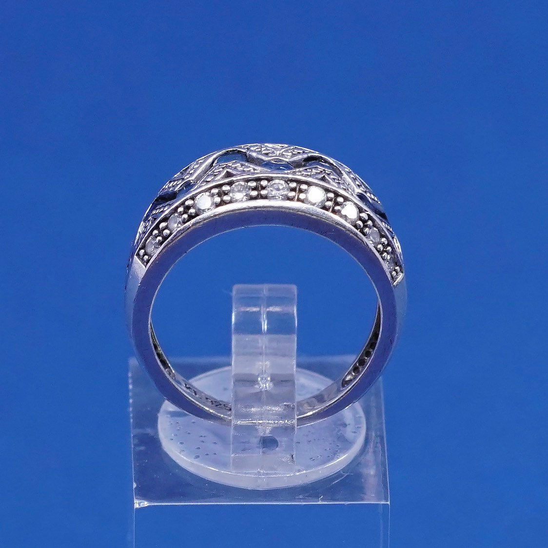 Size 6.25, vtg KL sterling silver ring, 925 w/ sapphire N crystal