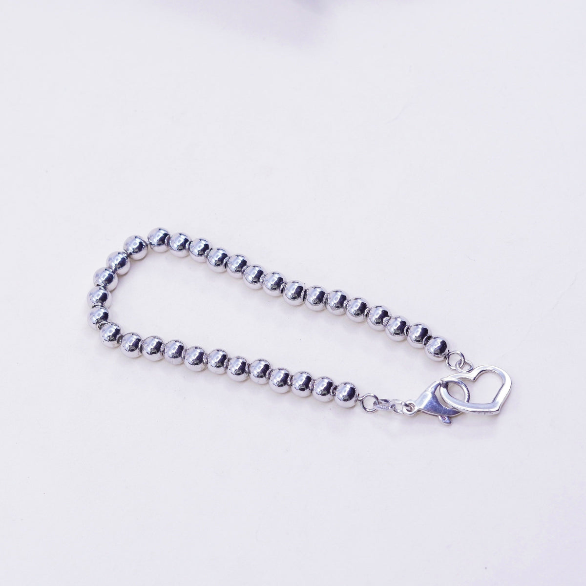 8”, 6mm, Sterling silver handmade bracelet, 925 beads chain with heart charm