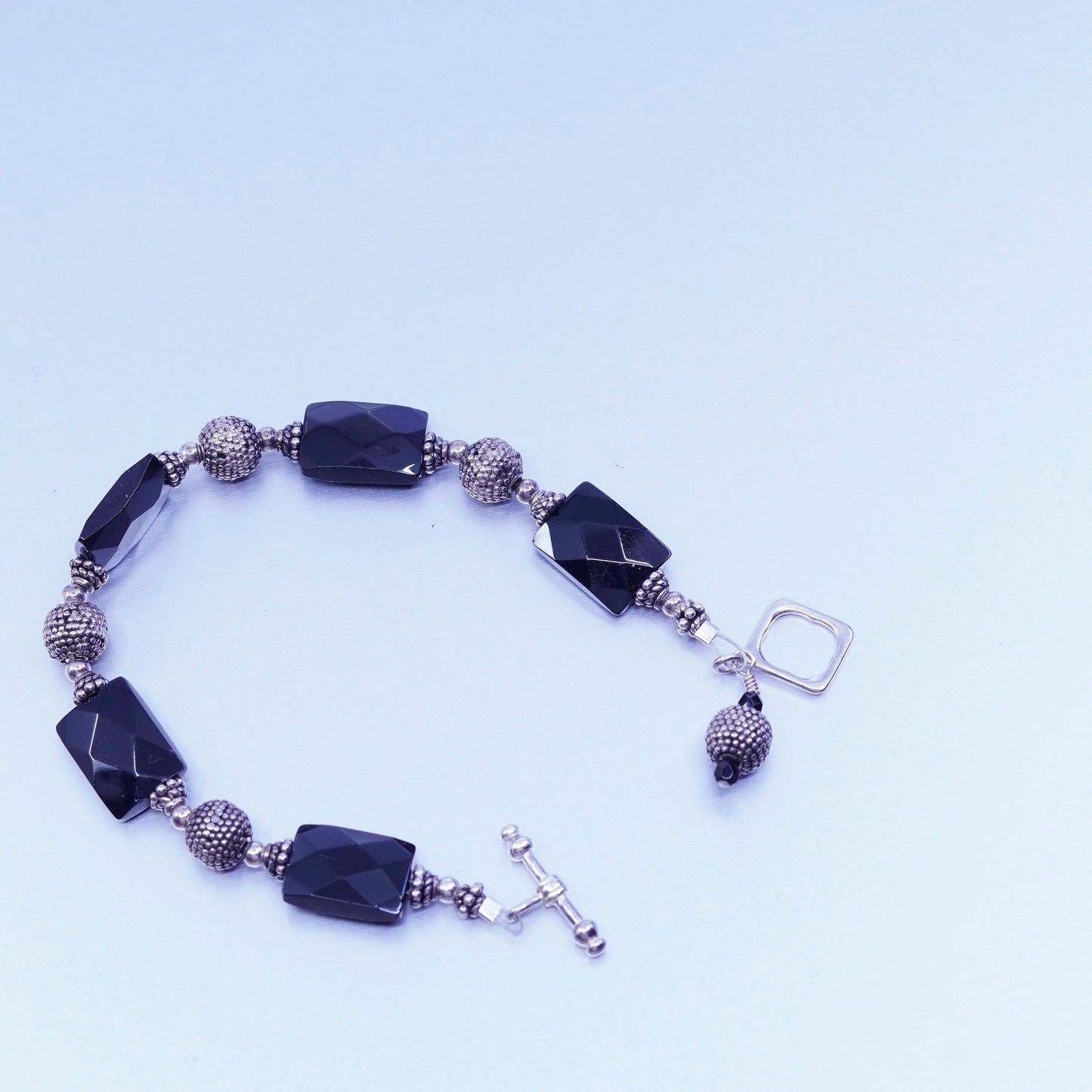 6.5”, vintage bali Sterling 925 silver bracelet with obsidian beads