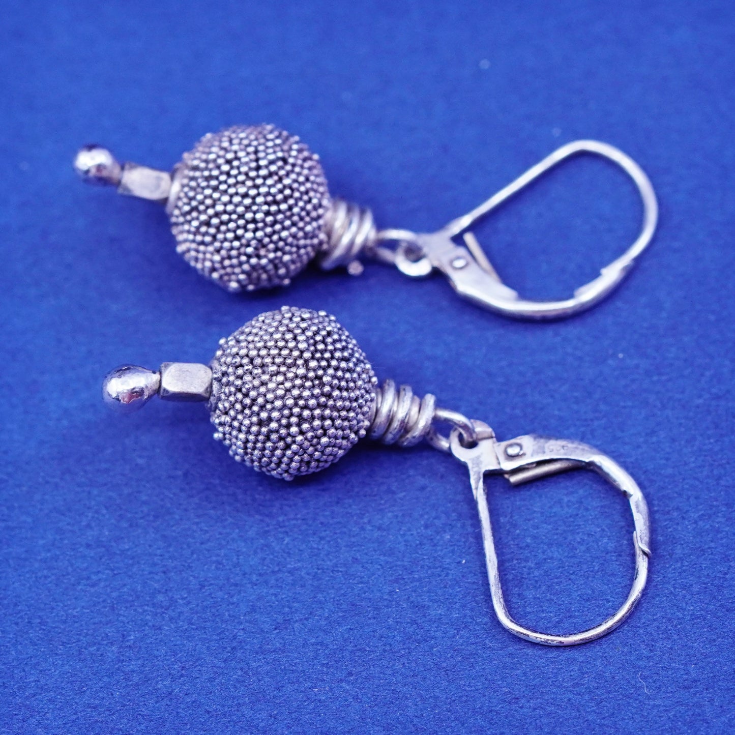 Vintage sterling silver handmade earrings, 925 Bali beads drop