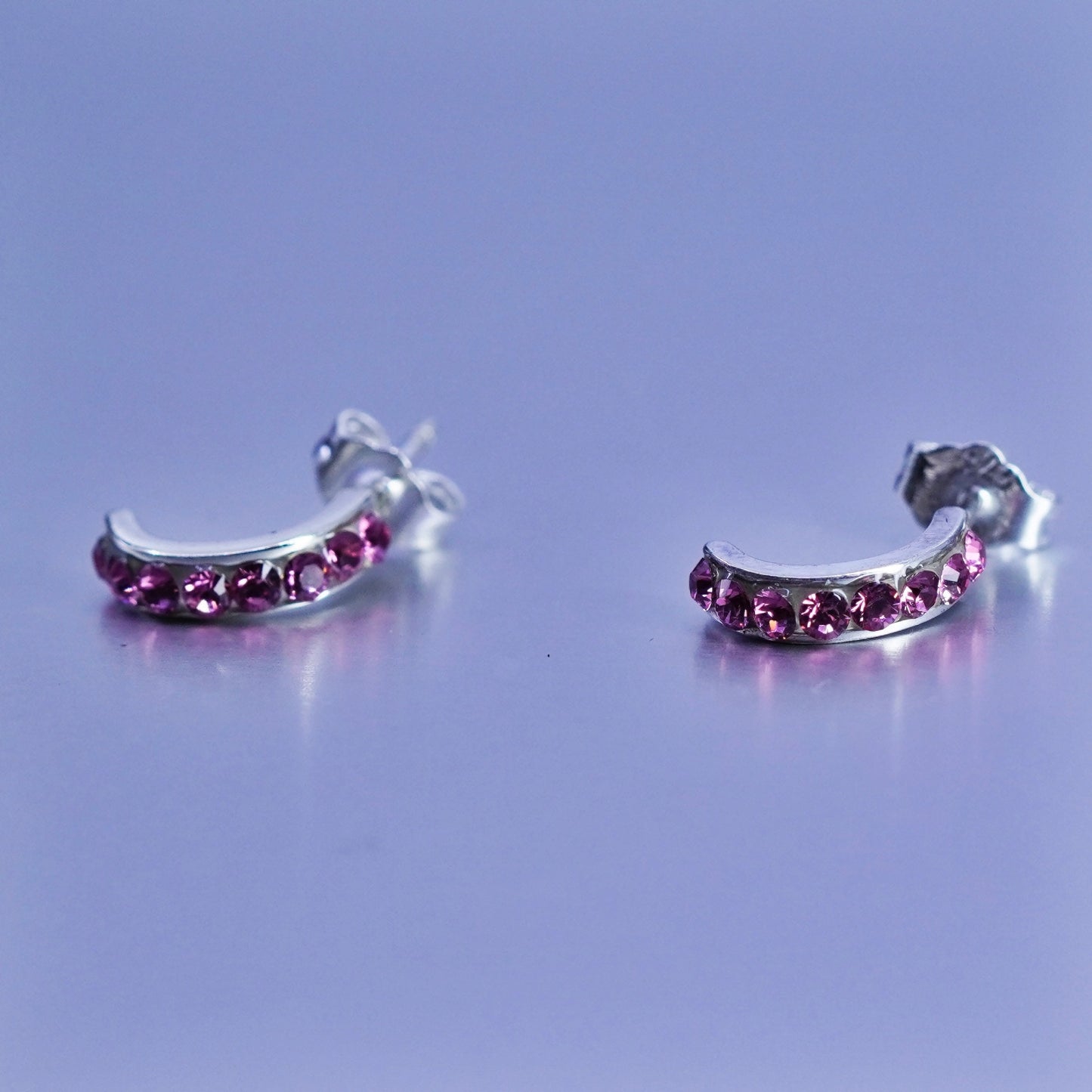 0.5”, vintage Sterling silver handmade earrings, 925 huggie hoops pink crystal