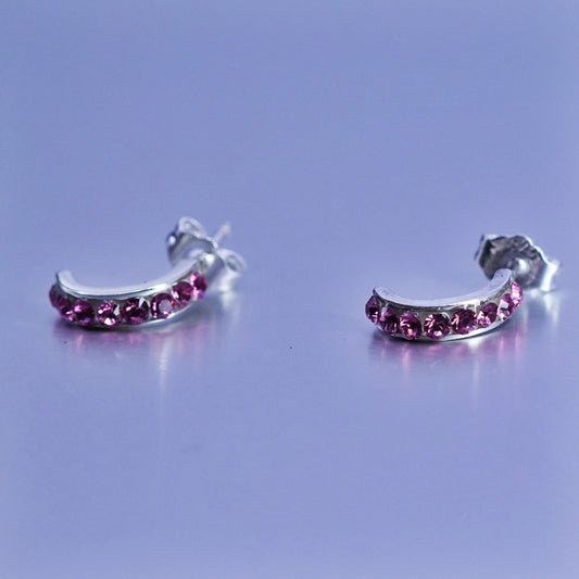 0.5”, vintage Sterling silver handmade earrings, 925 huggie hoops pink crystal