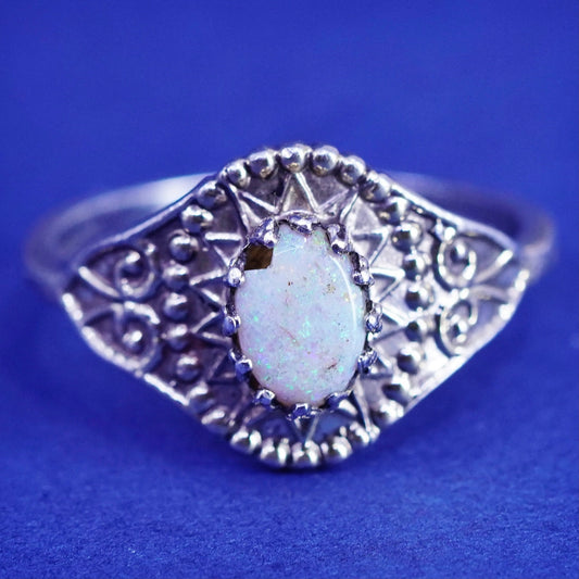 Size 7.5, Vintage Sterling 925 silver filigree handmade ring with opal