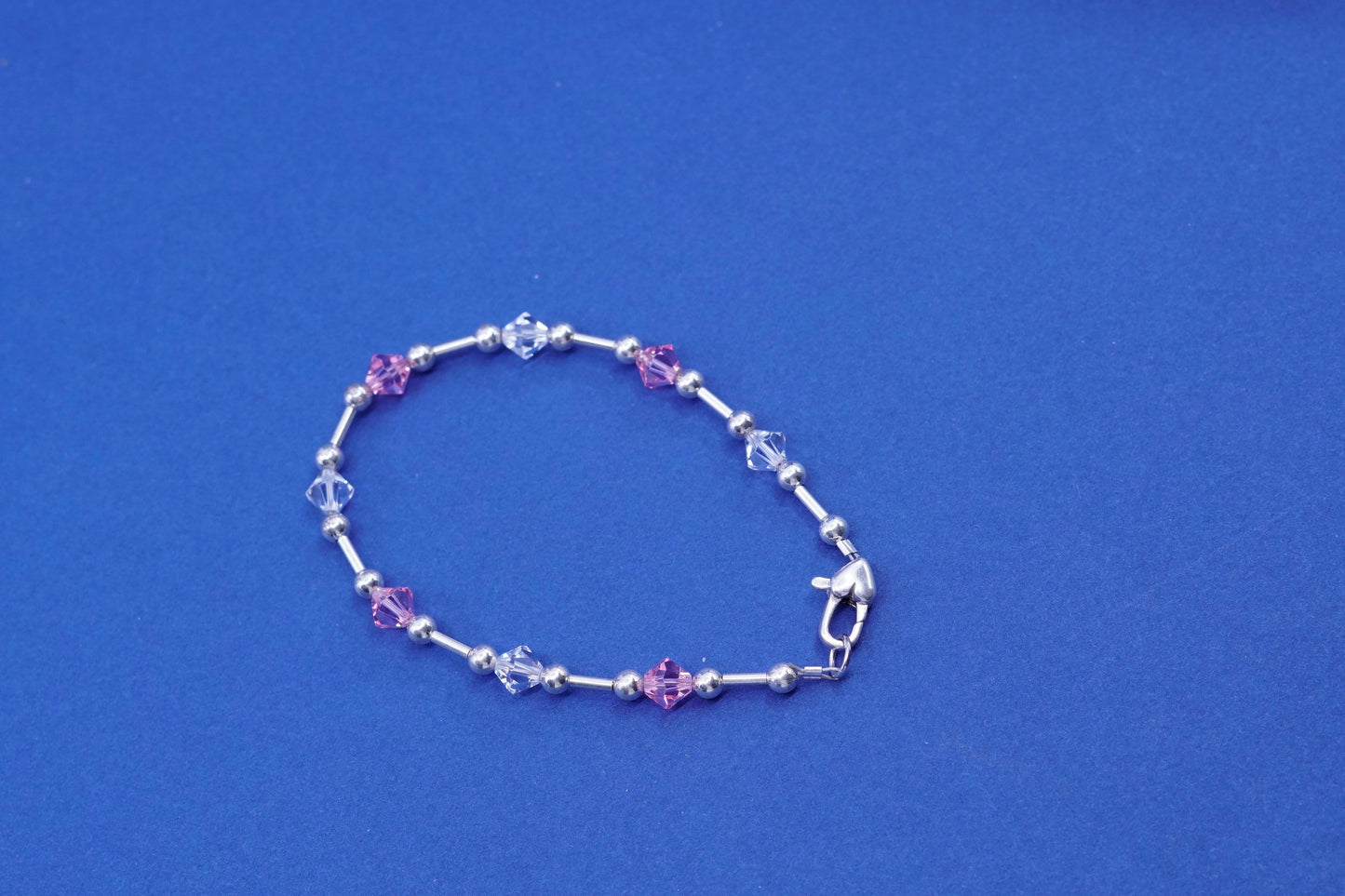 6.75”, vintage sterling 925 silver handmade bracelet with pink crystal beads