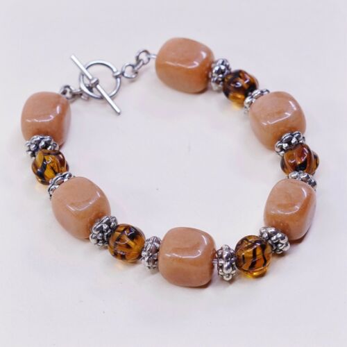 6”, Vtg Handmade Amber N Orange Gemstone Bracelet W/ Silver Tone Toggle Closure
