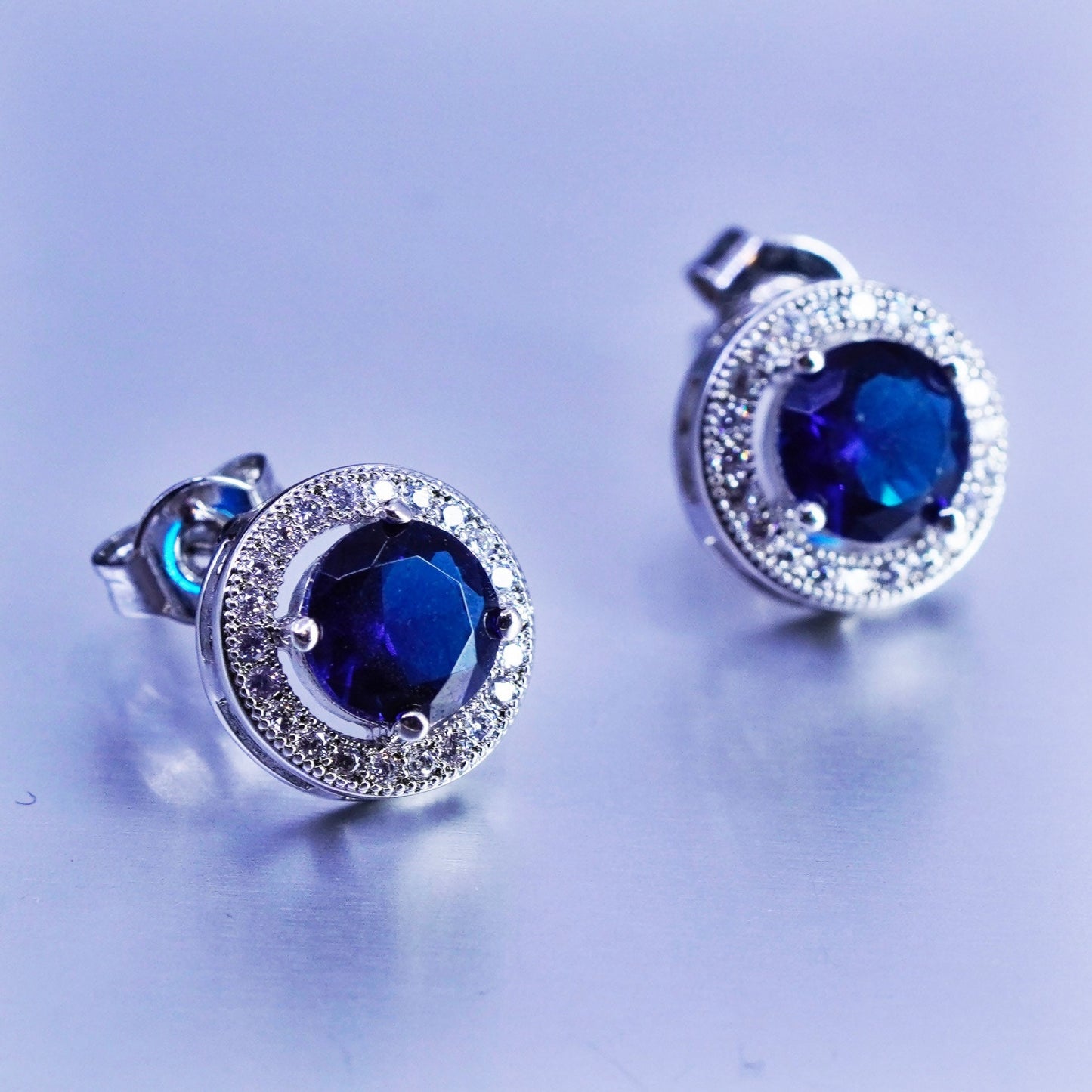 Vintage Sterling 925 silver earrings, studs with blue topaz and crystal around