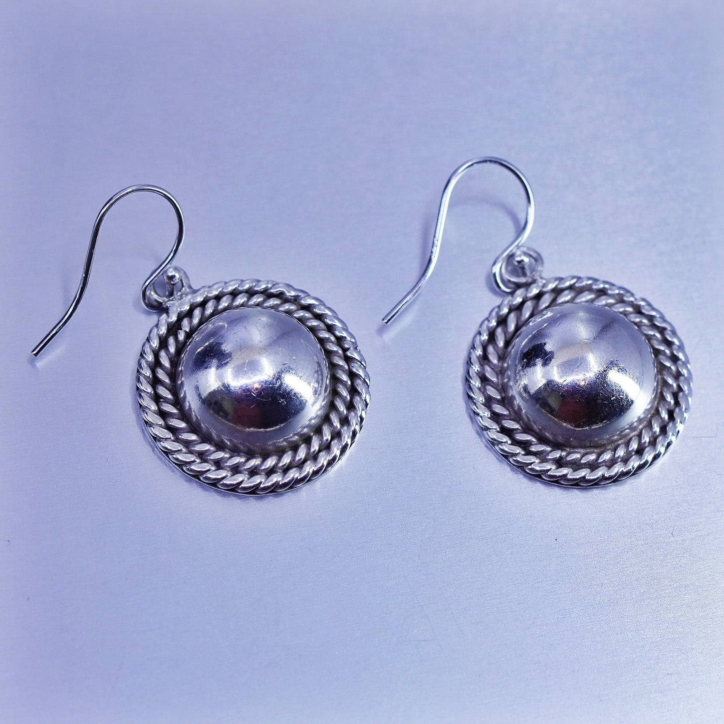 vintage Sterling silver handmade earrings, 925 disc dangles with cable around