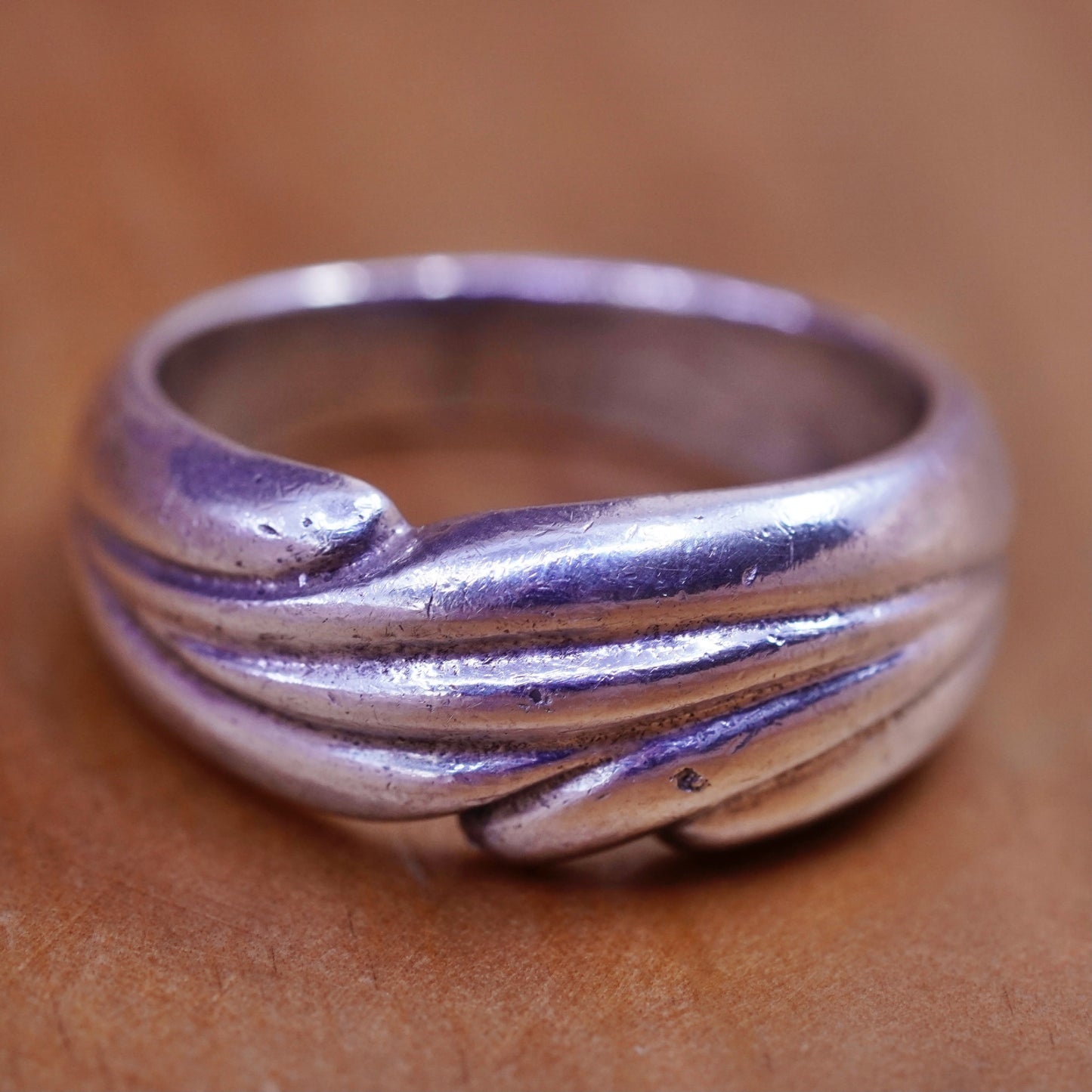 Size 7.25, sterling silver handmade ring, 925 ribbed band, minimalist modernist
