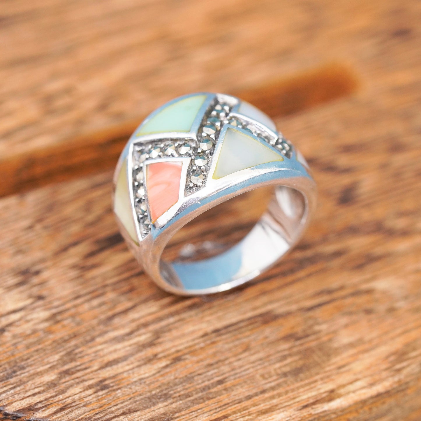 Size 7.75, Sterling 925 silver band ring agate jade mother of pearl marcasite