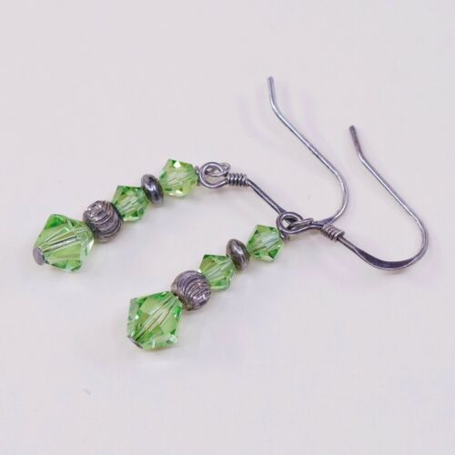 Vtg STERLING 925 SILVER Handmade earrings with Green Crystal dangles