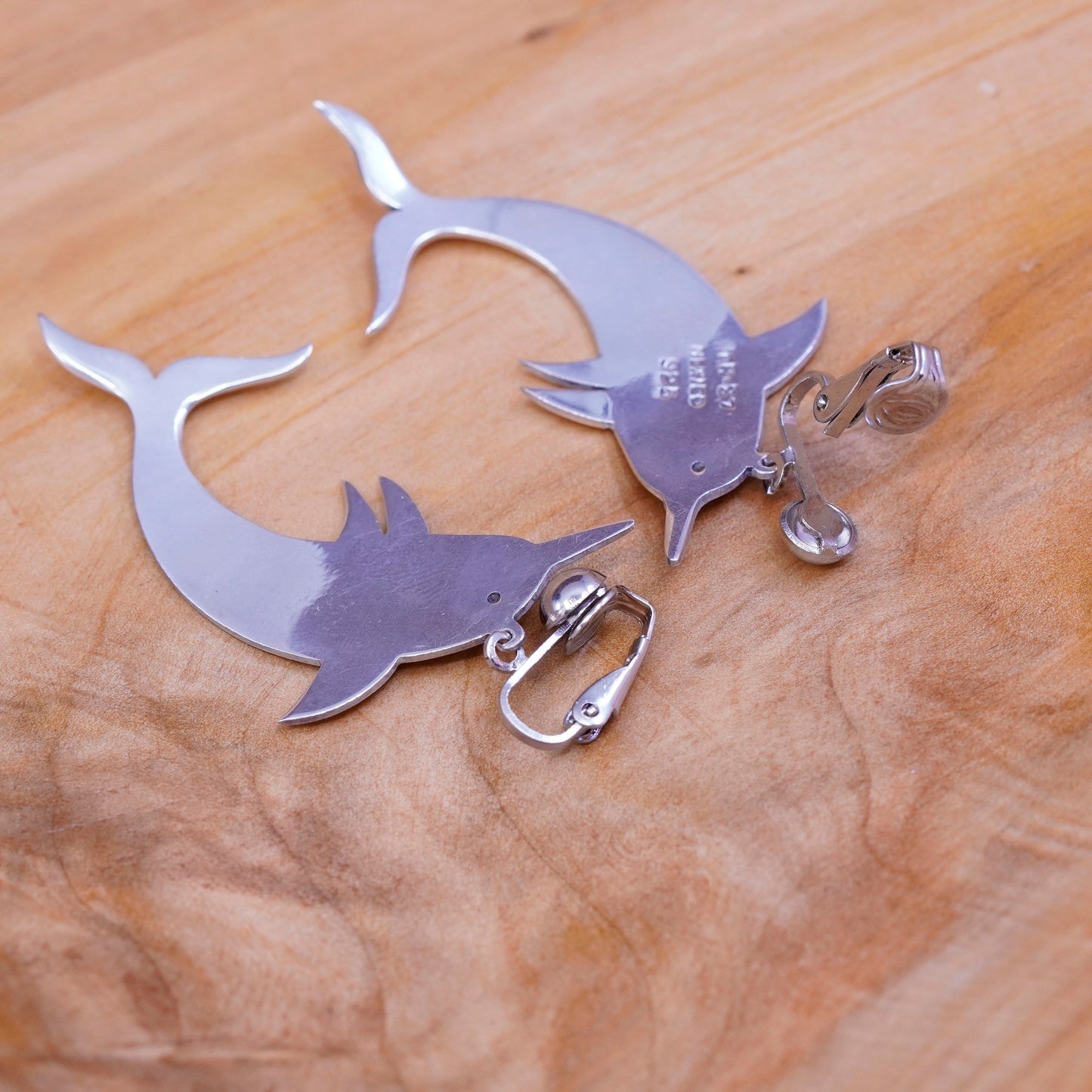 Vintage Sterling silver handmade clip on, 925 dolphin earrings