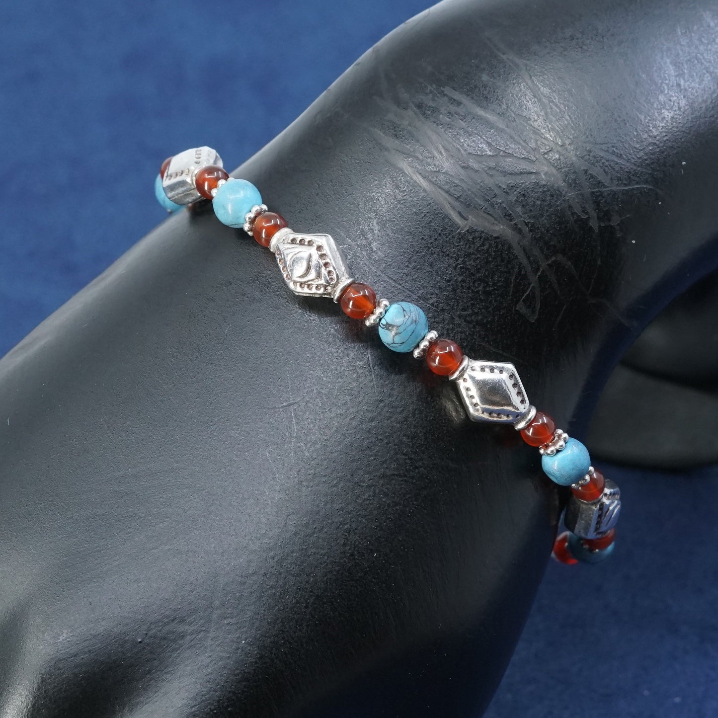 6.75”, vtg sterling silver handmade bracelet, 925 w/ turquoise N carnelian bead
